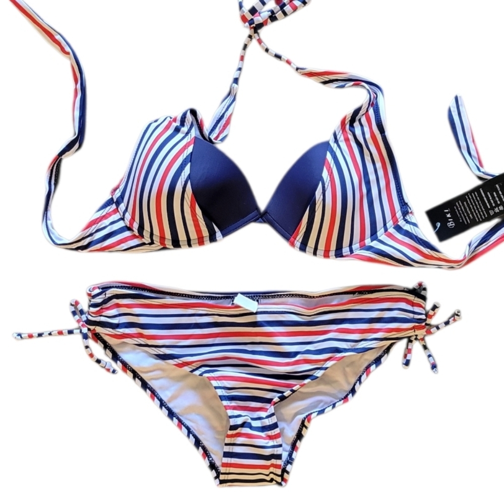 Striped Navy Red & White Halter Bikini Set